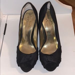 Nina Satin Black Open Toe Heels Dress Shoes 10